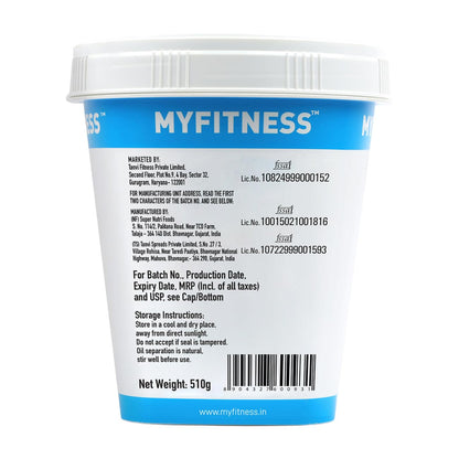 Back view of a MyFitness protein powder container with text and branding.