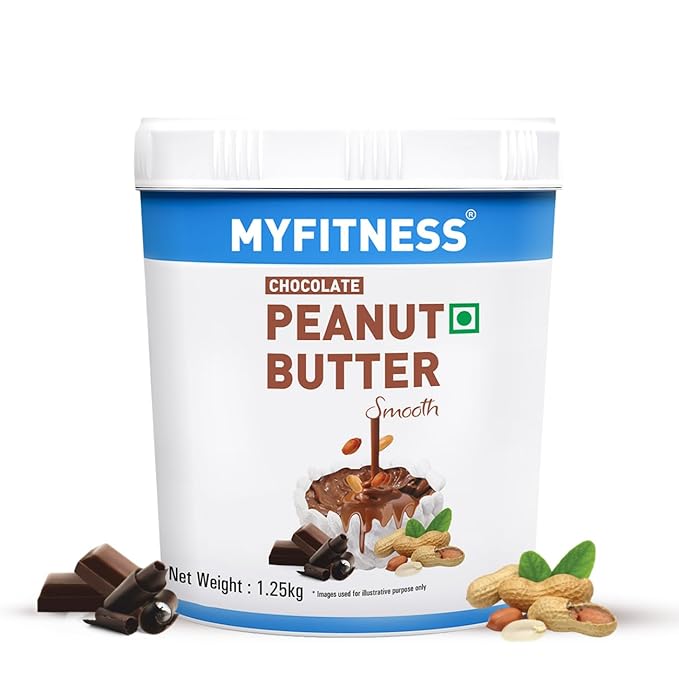 Container of MyFitness chocolate peanut butter with chocolate pieces and peanuts on a white background