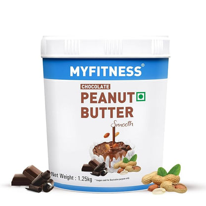 Container of MyFitness chocolate peanut butter with chocolate pieces and peanuts on a white background