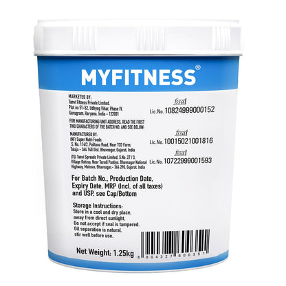 Back label of a MYFITNESS product container with text and bar code.