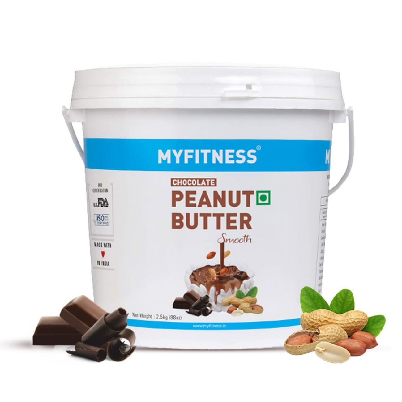 MyFitness chocolate peanut butter container with chocolate pieces and peanuts on a white background