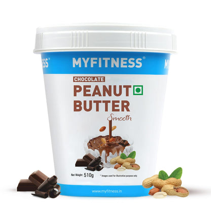 MyFitness Chocolate Peanut Butter container with chocolate pieces and peanuts on a white background