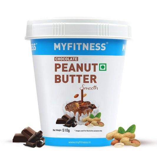 MyFitness Chocolate Peanut Butter container with chocolate pieces and peanuts on a white background