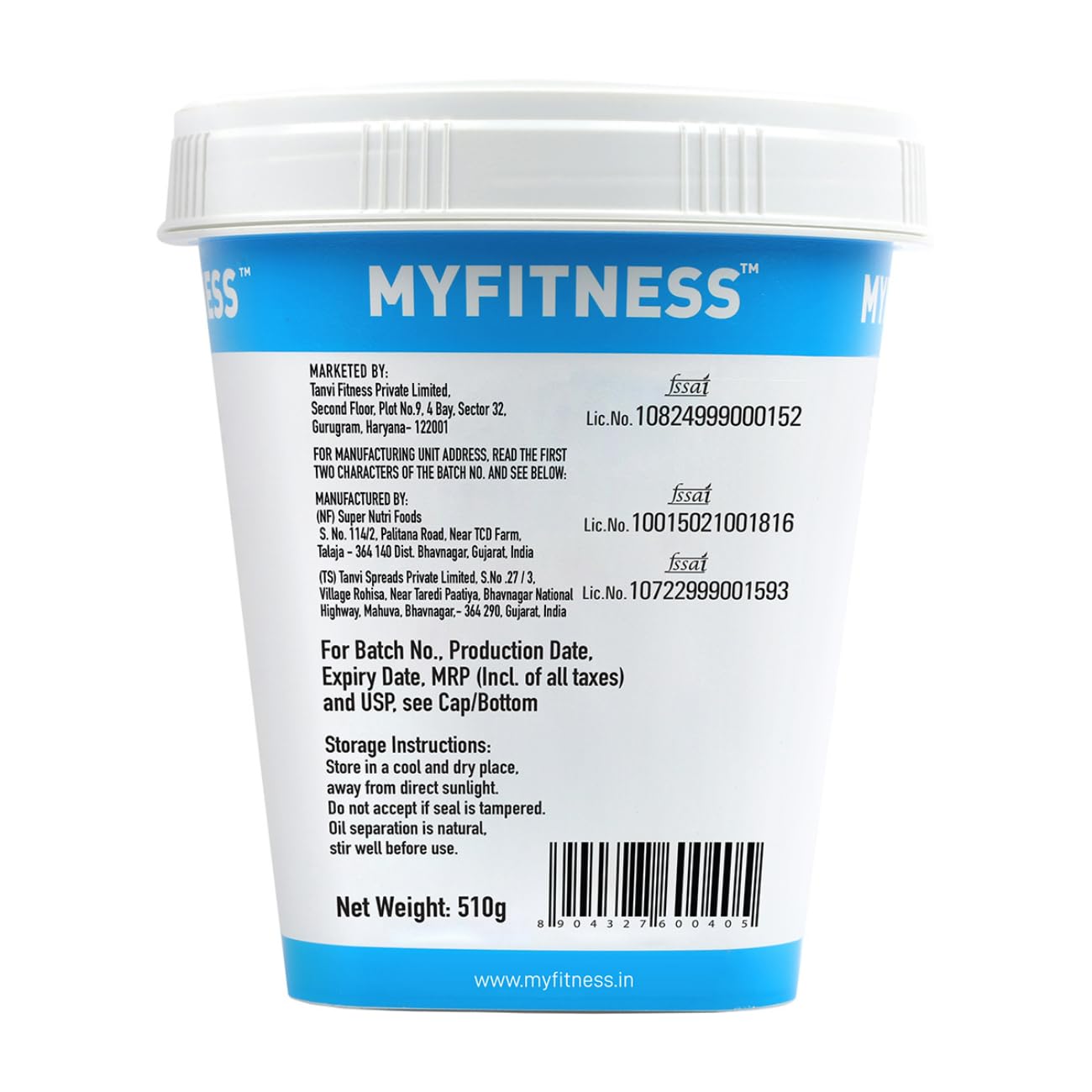 Back view of a MyFitness protein powder container with text and branding.