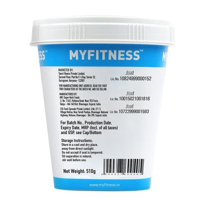 Back view of a MyFitness protein powder container with text and branding.