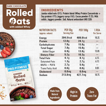 Product packaging of rolled oats with added whey, including ingredients list and nutrition facts on a white background.