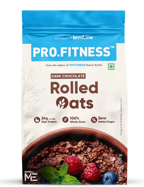 ProFitness dark chocolate rolled oats package with a bowl of oats and berries on a white background