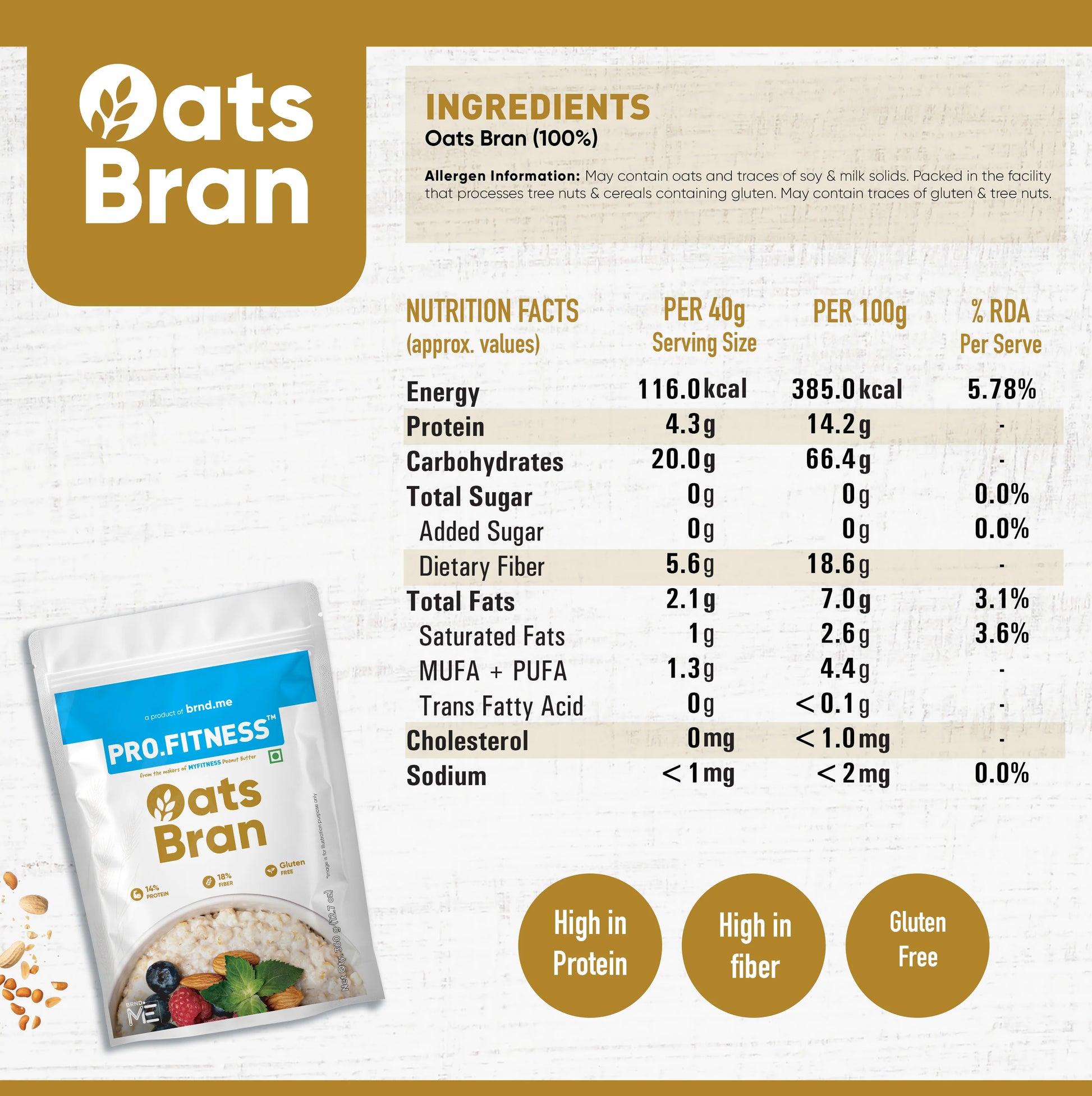 Oats Bran packaging with nutritional information and ingredients list on a white background