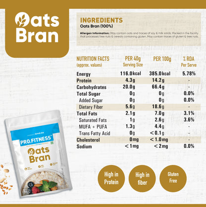 Oats Bran packaging with nutritional information and ingredients list on a white background