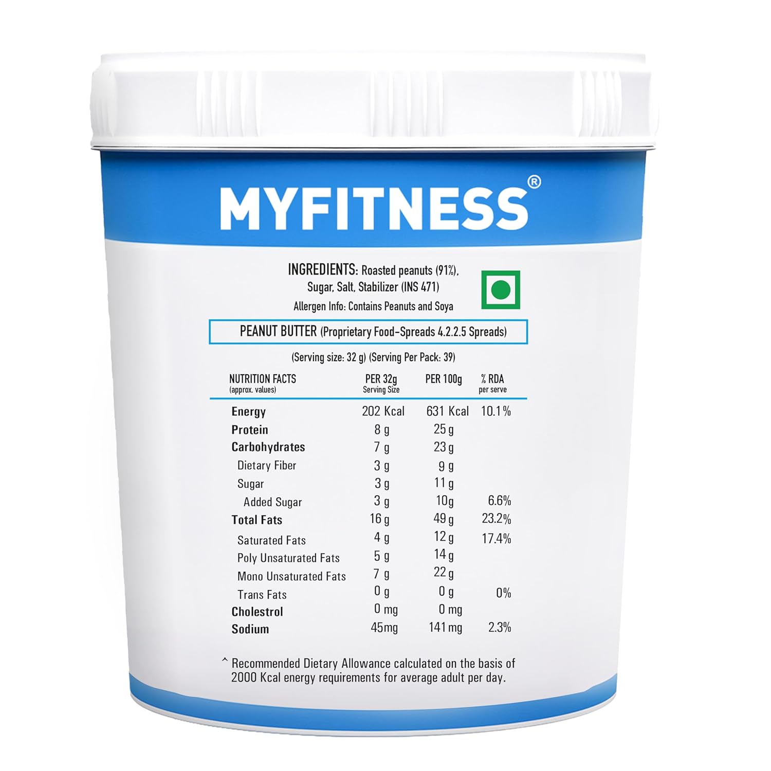 MYFITNESS protein powder container with nutritional information on a white background