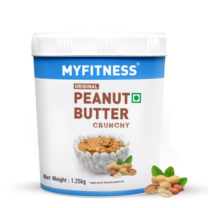 Container of MyFitness Original Peanut Butter Crunchy on a white background