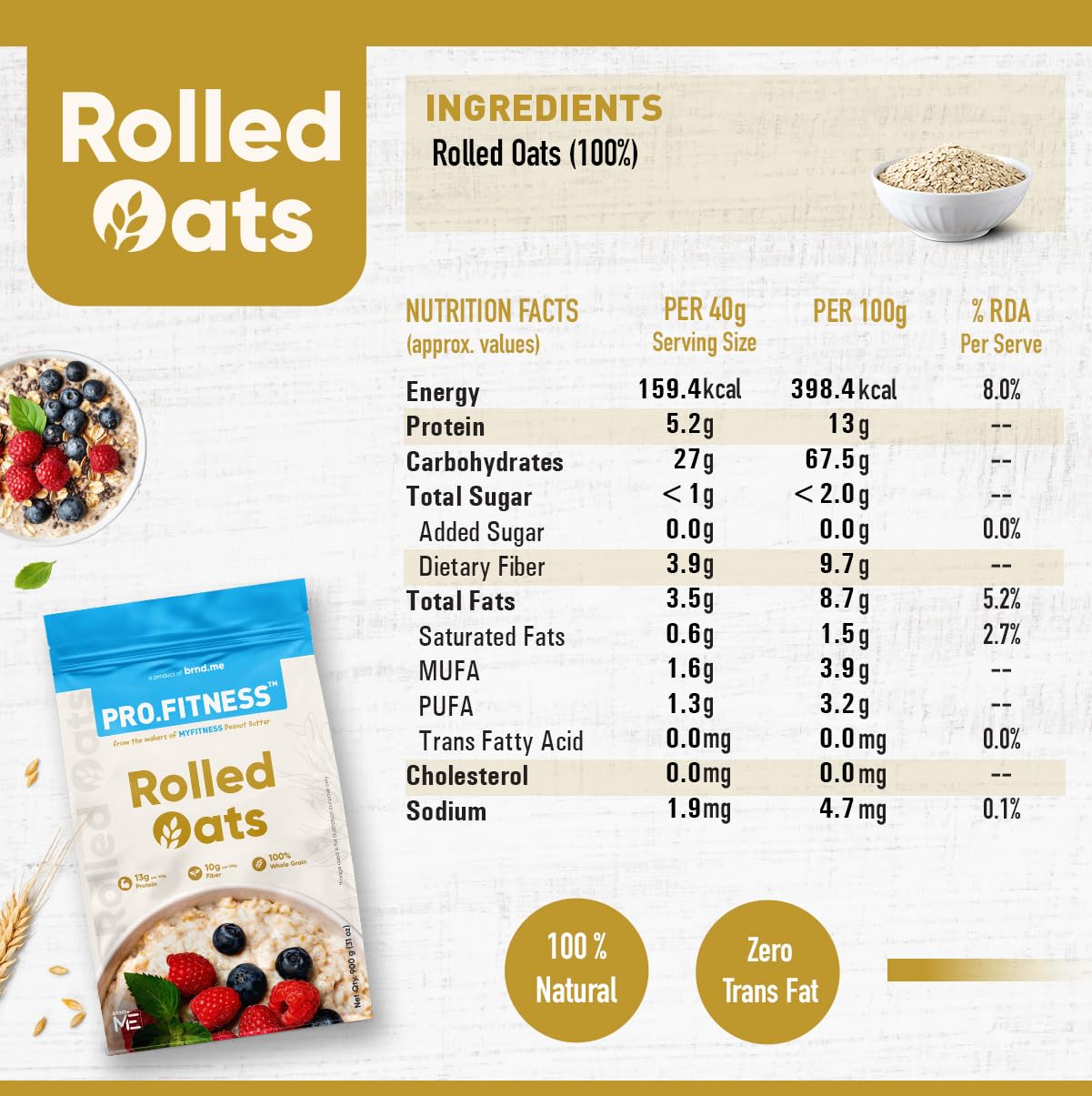 Nutritional information and packaging of rolled oats with ingredients list and health benefits.