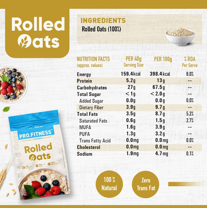 Nutritional information and packaging of rolled oats with ingredients list and health benefits.