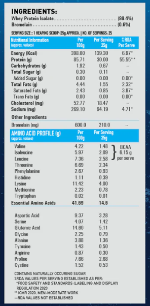 Nutritional label for a protein supplement with detailed ingredient list and nutritional information.