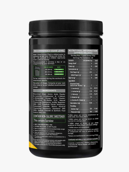 Black supplement container with nutritional information on a white background