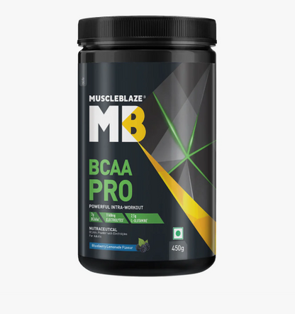 MuscleBlaze BCAA Pro supplement container on a white background