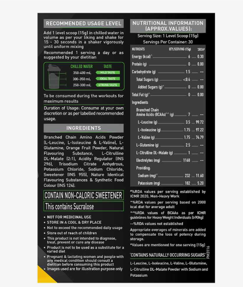 Nutritional information and usage level details of a supplement on a black background