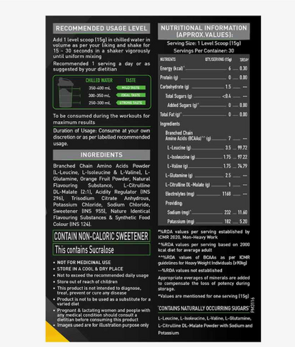 Nutritional information and usage level details of a supplement on a black background