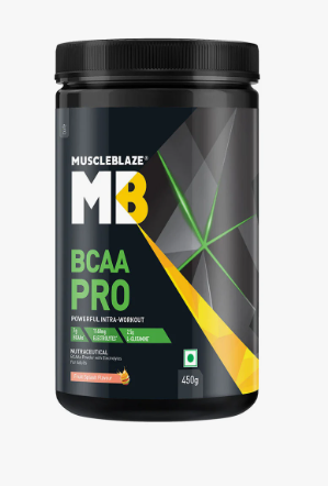 Black supplement container labeled 'MB BCAA Pro' by MuscleBlaze on a white background