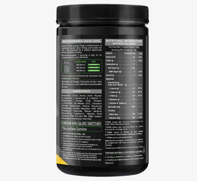 Black supplement container with nutritional information on a white background