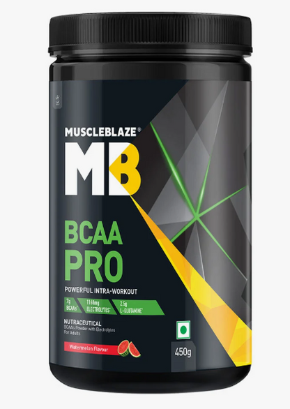 Black supplement container labeled 'MuscleBlaze MB BCAA Pro' on a white background