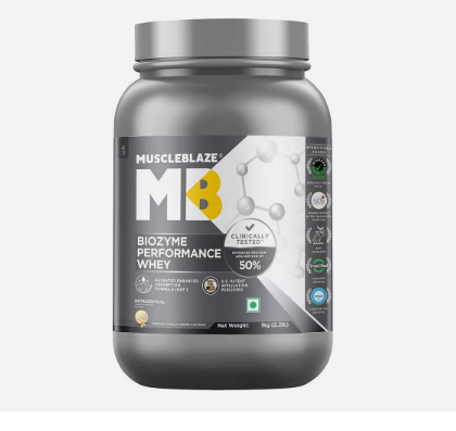 MuscleBlaze Biozyme Performance Whey protein powder container on a white background