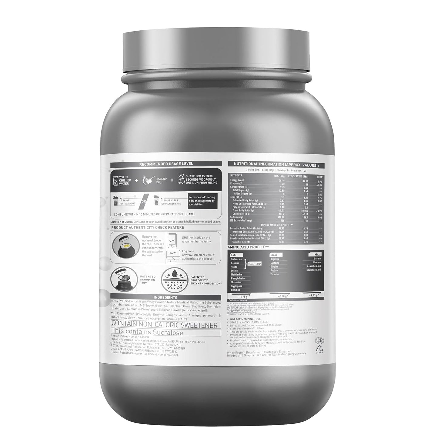 Gray protein powder container with label on a white background