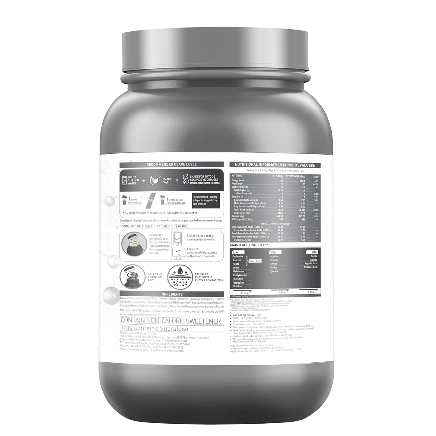 Gray protein powder container with a label on a white background