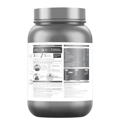 Gray protein powder container with a label on a white background