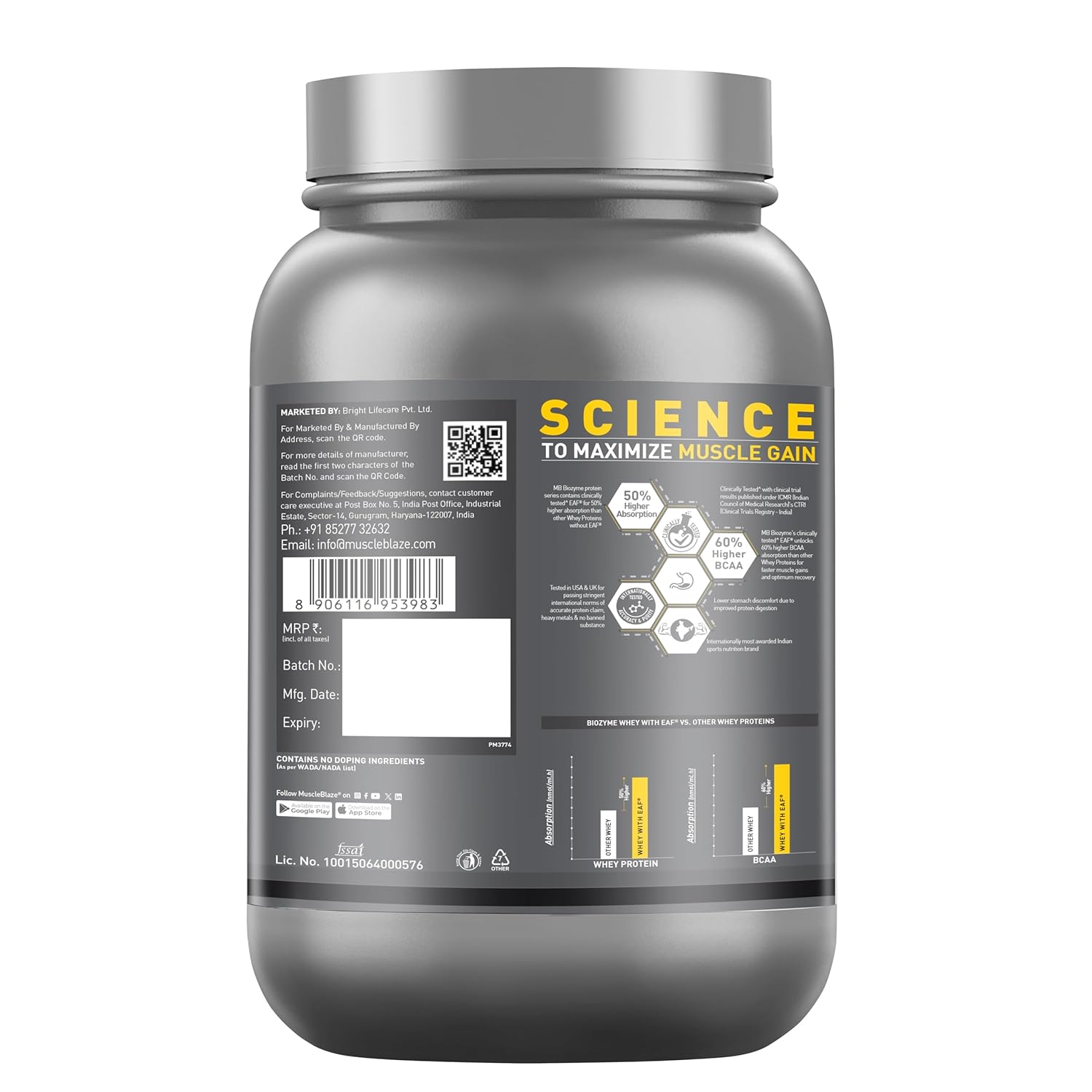 Gray protein supplement container with 'Science' branding on a white background