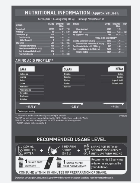 Nutritional information and amino acid profile on a dark background