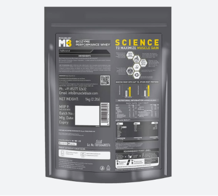 Whey protein package with branding and nutritional information on a white background