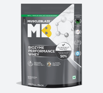 MuscleBlaze Biozyme Performance Whey protein powder refill pack on a white background