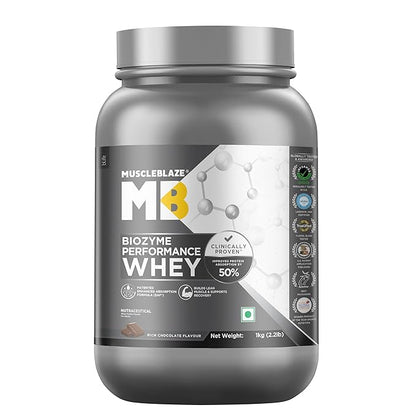MuscleBlaze Bioglyme Performance Whey protein powder container on a white background