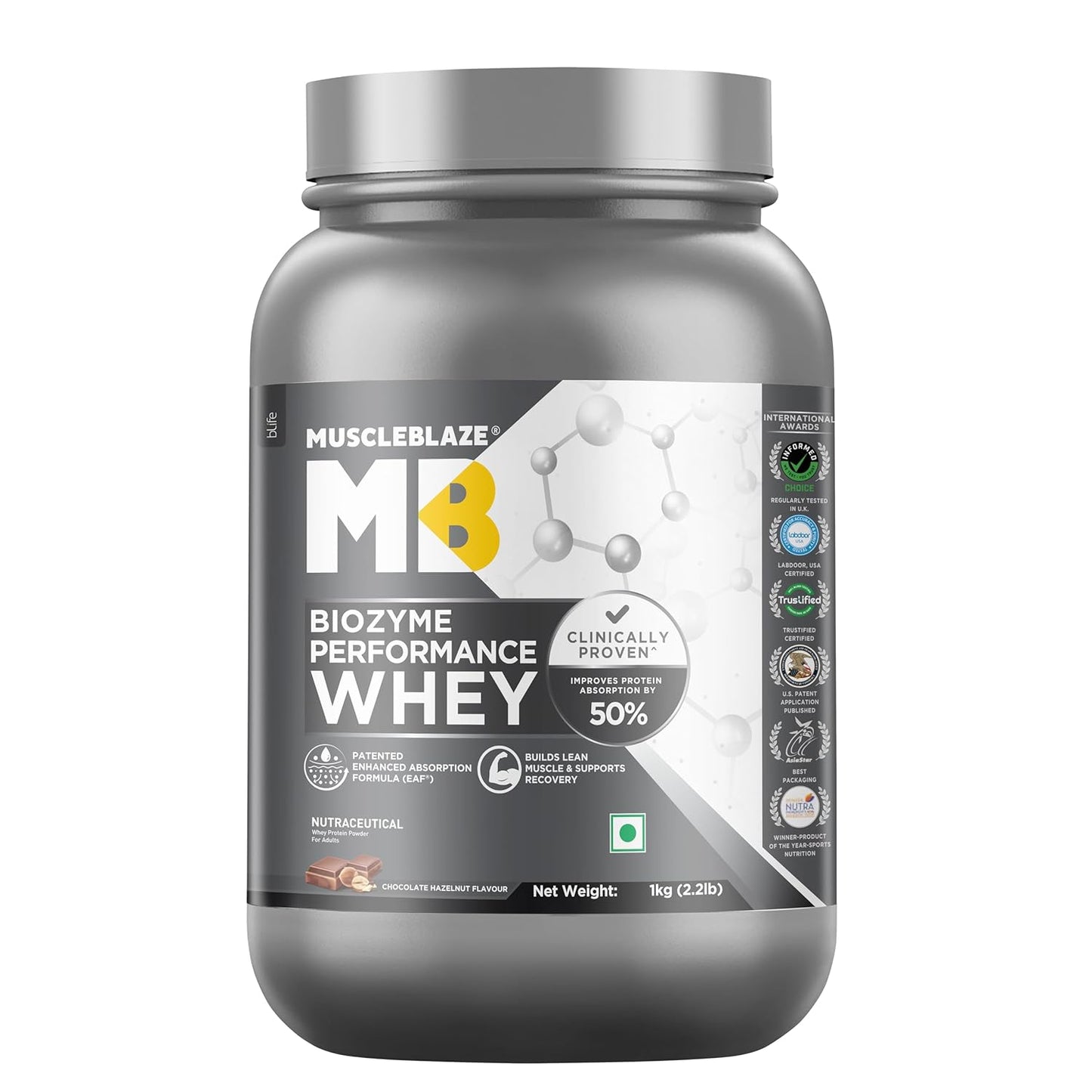 Gray container of MuscleBlaze Biozyme Performance Whey protein powder on a white background