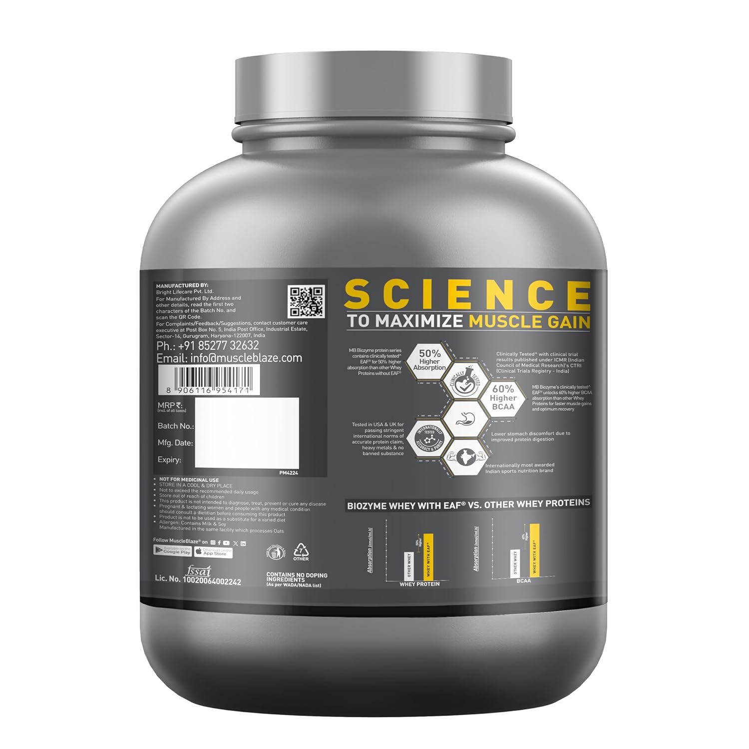 Whey protein supplement container with 'Science to Maximize Muscle Gain' text on a white background