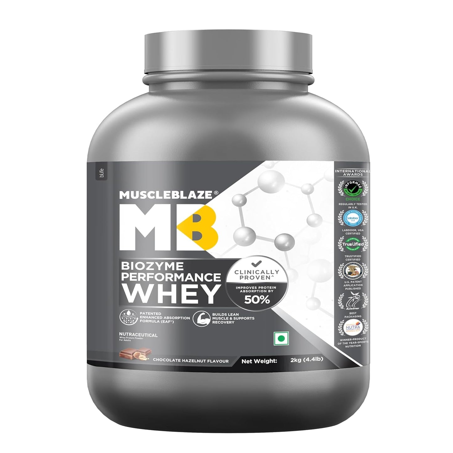 MuscleBlaze Biozyme Performance Whey protein powder container on a white background