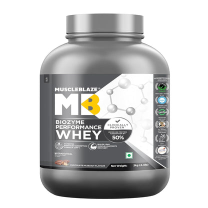 MuscleBlaze Biozyme Performance Whey protein powder container on a white background