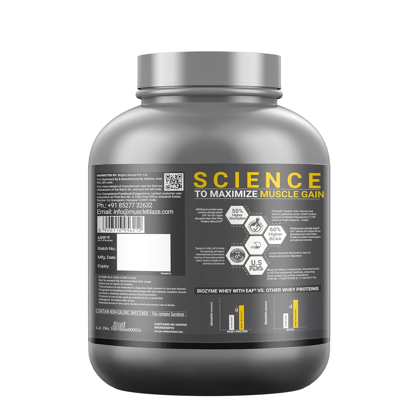 Gray supplement container with 'Science to Maximize Muscle Gain' text on a white background
