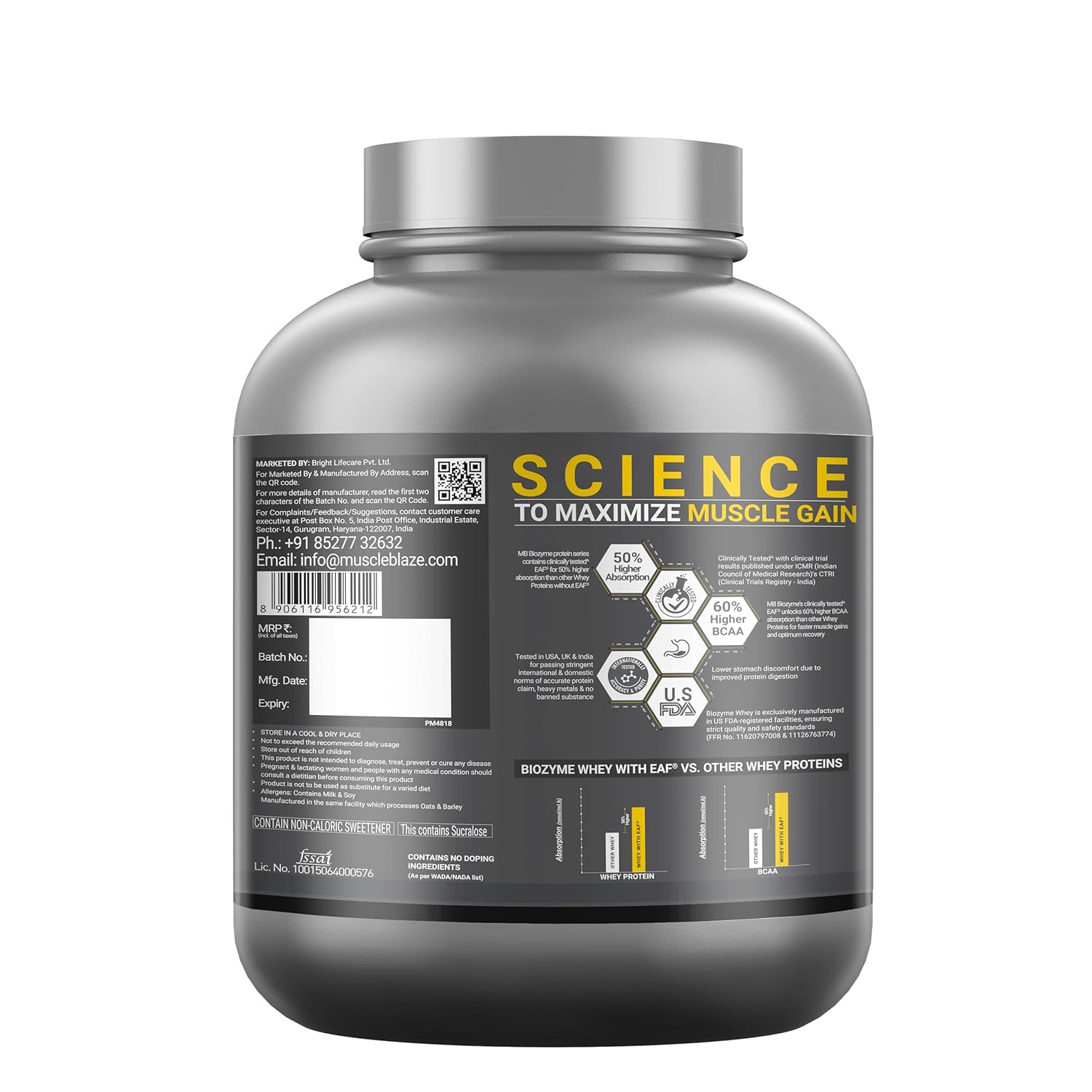 Gray supplement container with 'Science to Maximize Muscle Gain' text on a white background