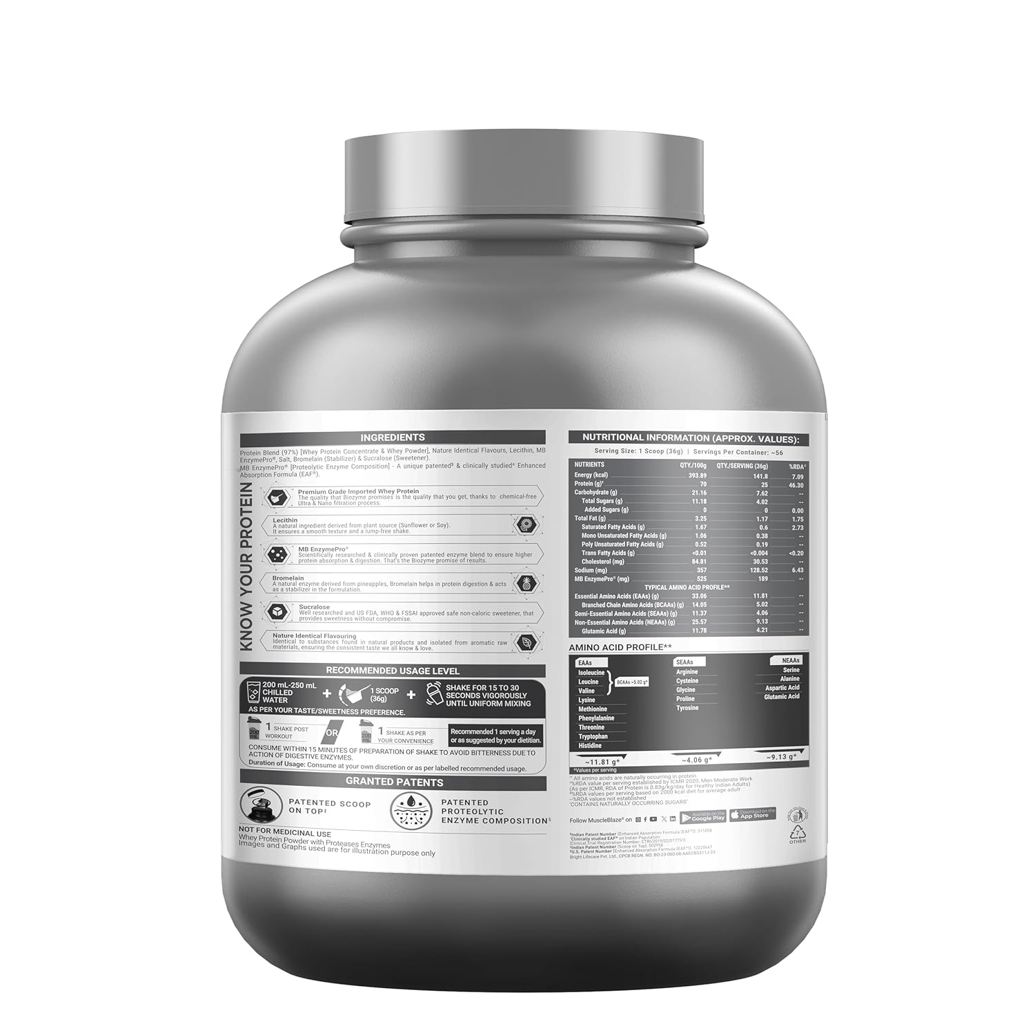 Protein powder container with label on a white background