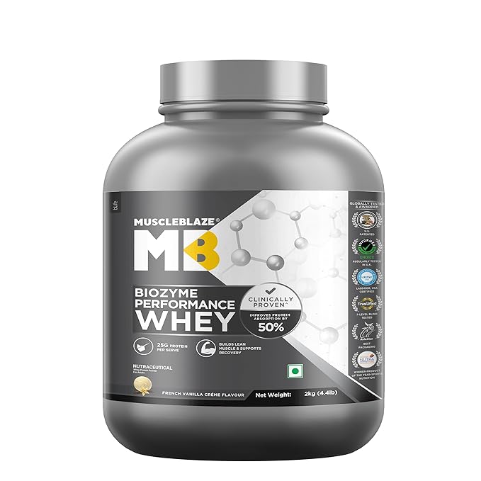 MuscleBlaze Biozyme Performance Whey protein powder container on a white background