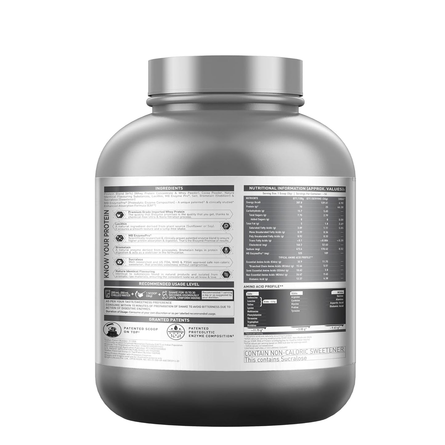 Silver protein supplement container with label on a white background