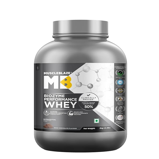 MuscleBlaze Biozyme Performance Whey protein powder container on a white background