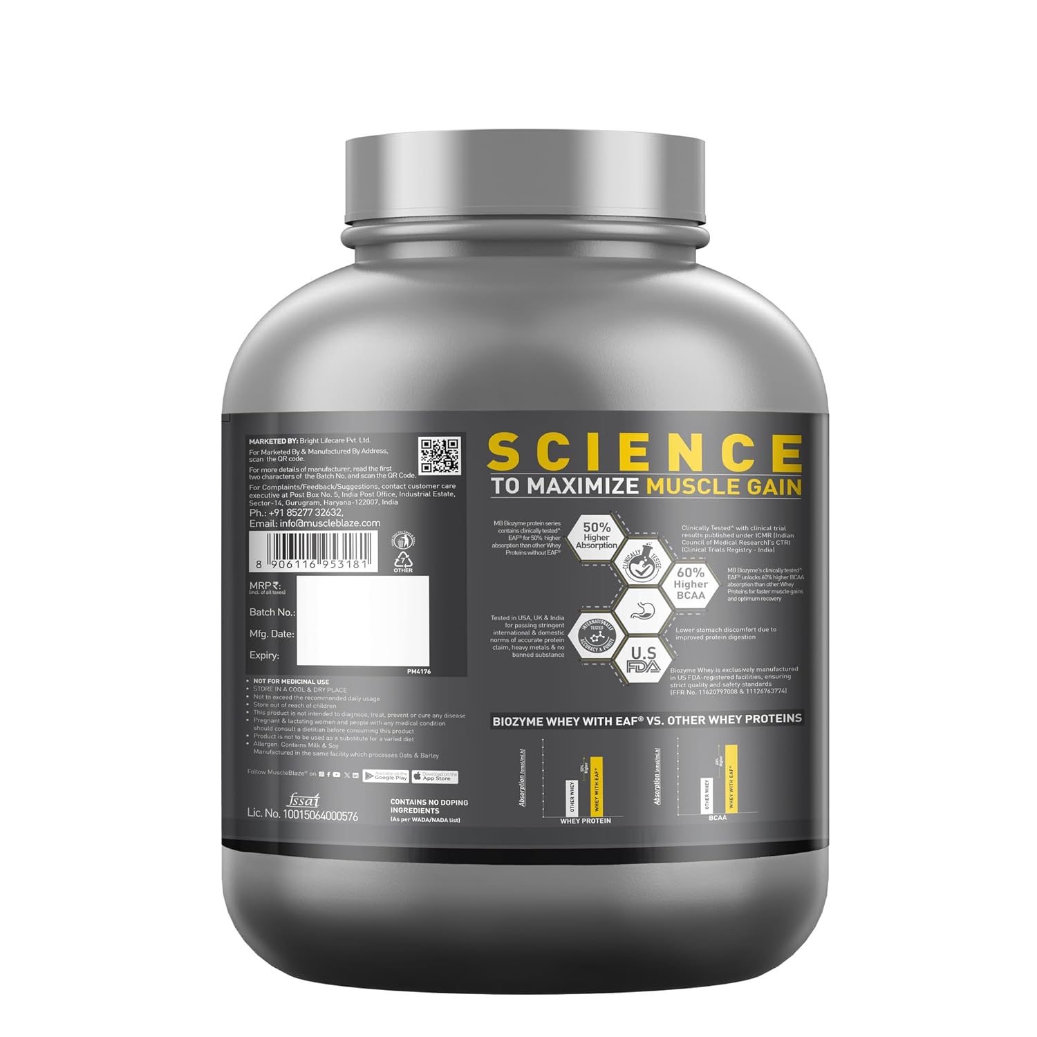 Gray protein supplement container with 'Science to Maximize Muscle Gain' text on a white background
