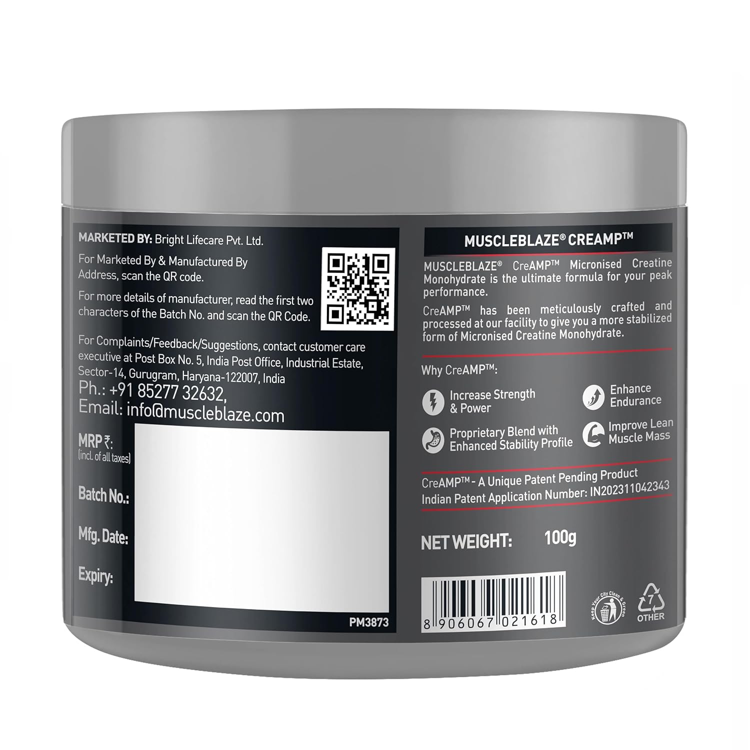 Back label of a supplement container with text and a QR code on a white background