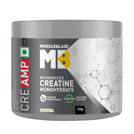 MuscleBlaze Crea Amp Micronised Creatine Monohydrate container on a white background