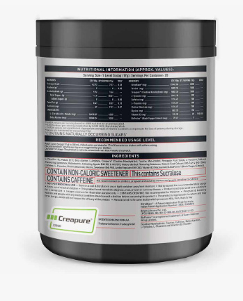 Supplement container with nutritional information and ingredient list on a white background