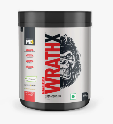Container of WrathX pre-workout supplement with a gorilla graphic on a white background