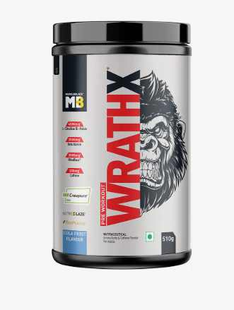 Pre-workout supplement container labeled 'WrathX' with a gorilla graphic on a white background.